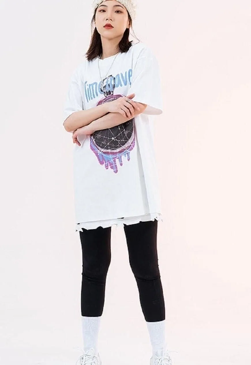 Clock print t-shirt time travel tee grunge top in black