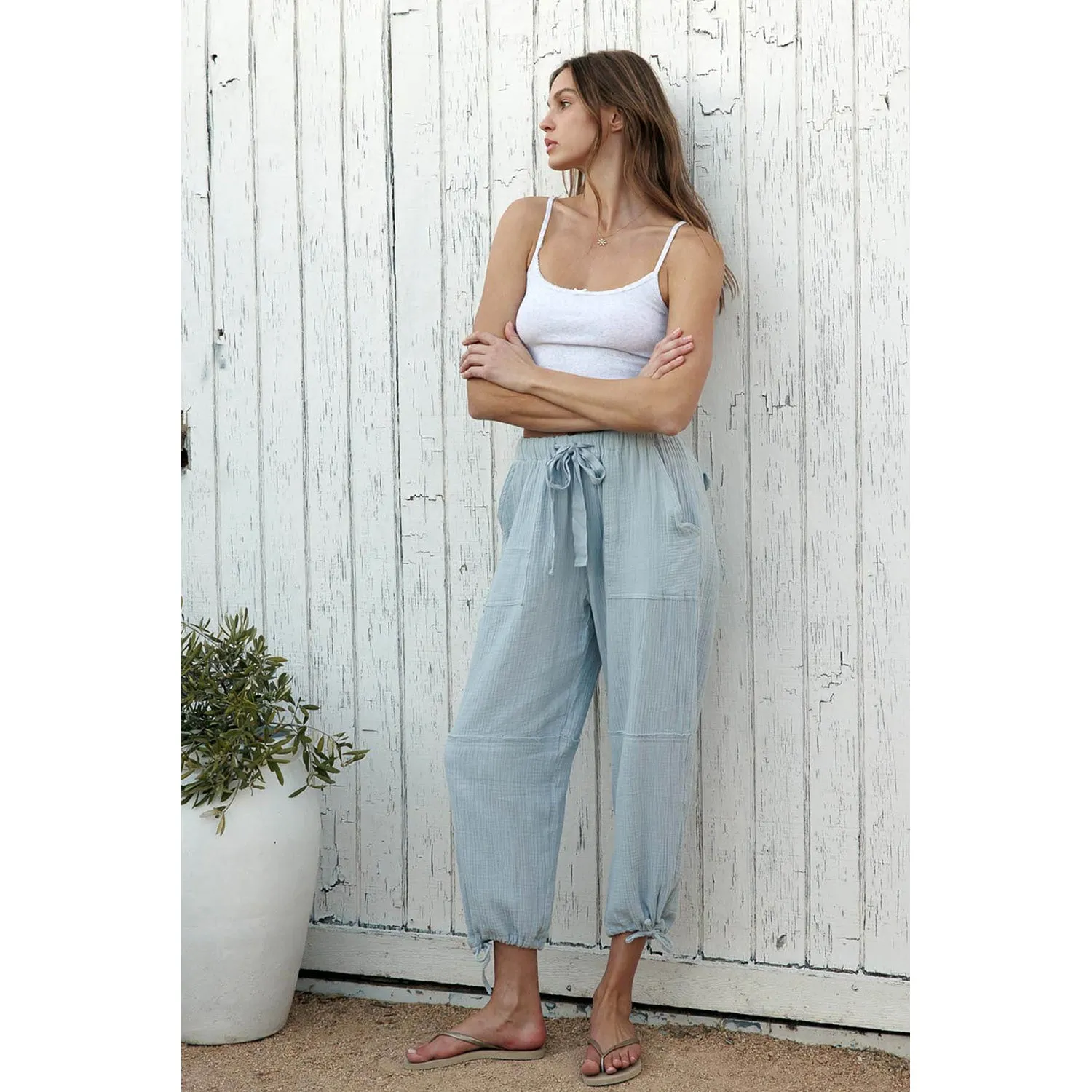Crinkle Gauze Drawstring Tie Hem Jogger - Mirage Grey