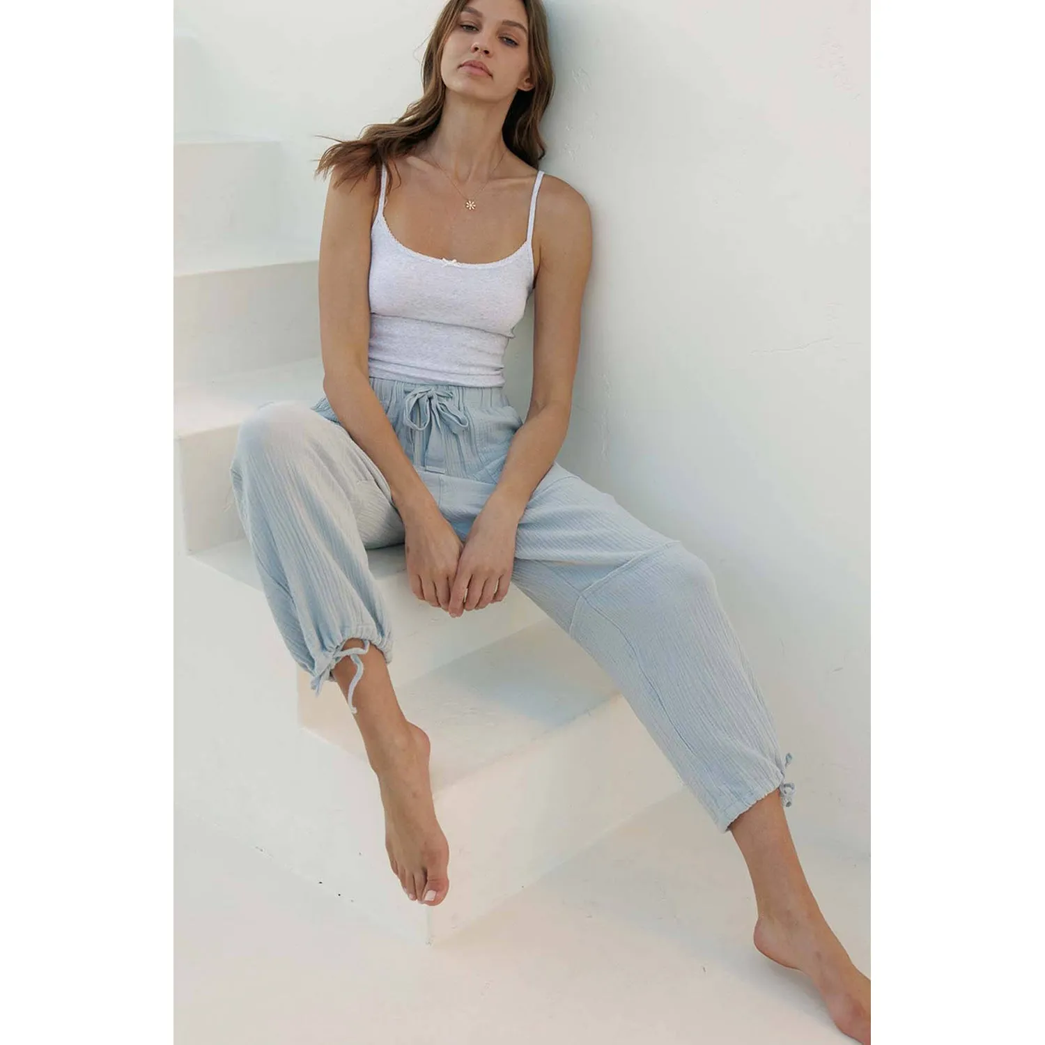 Crinkle Gauze Drawstring Tie Hem Jogger - Mirage Grey