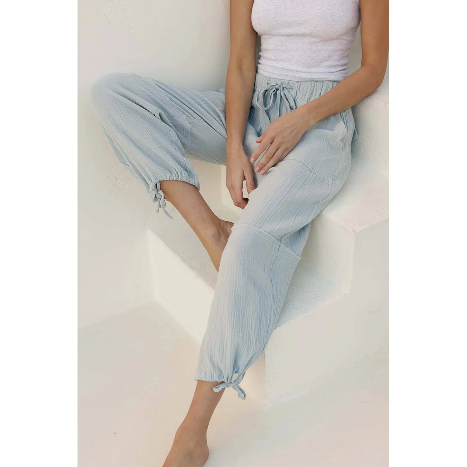 Crinkle Gauze Drawstring Tie Hem Jogger - Mirage Grey