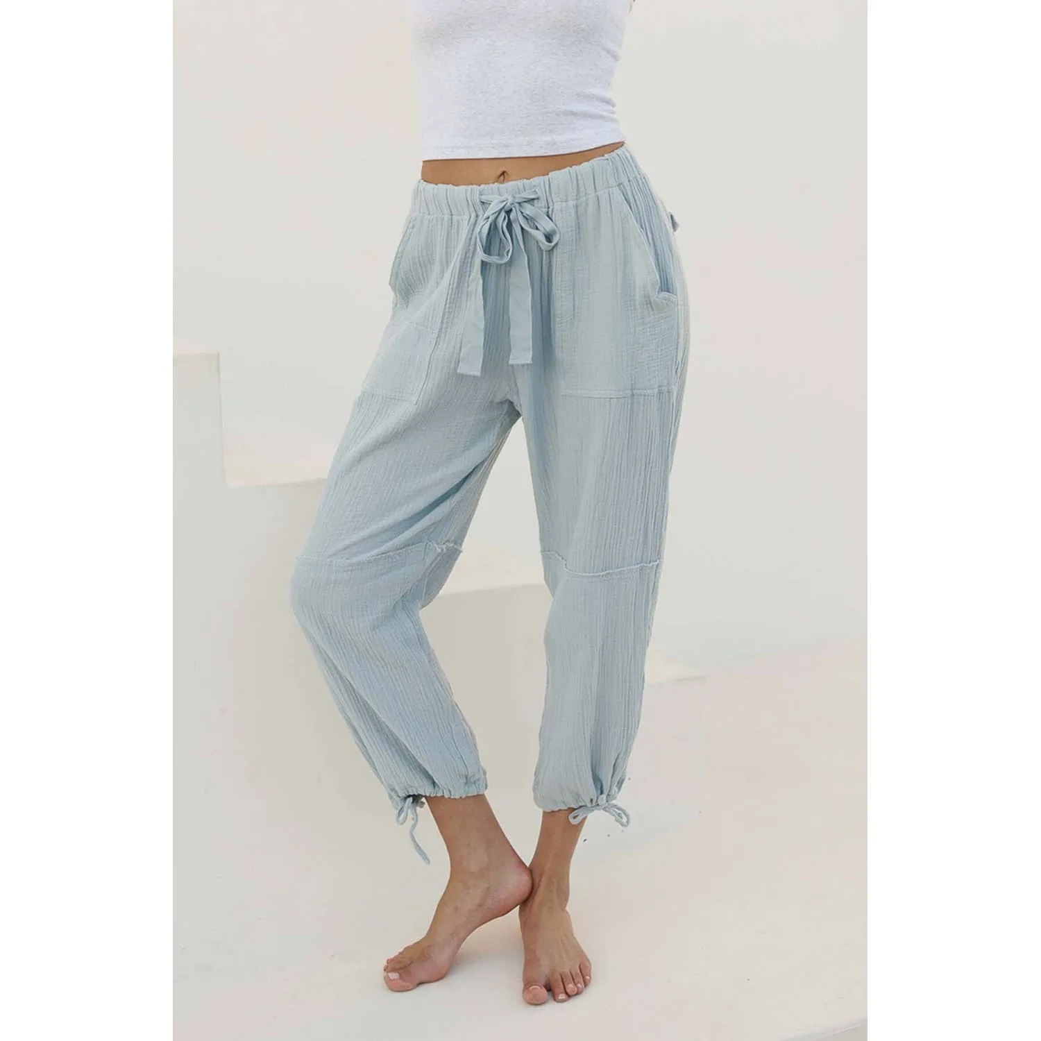 Crinkle Gauze Drawstring Tie Hem Jogger - Mirage Grey