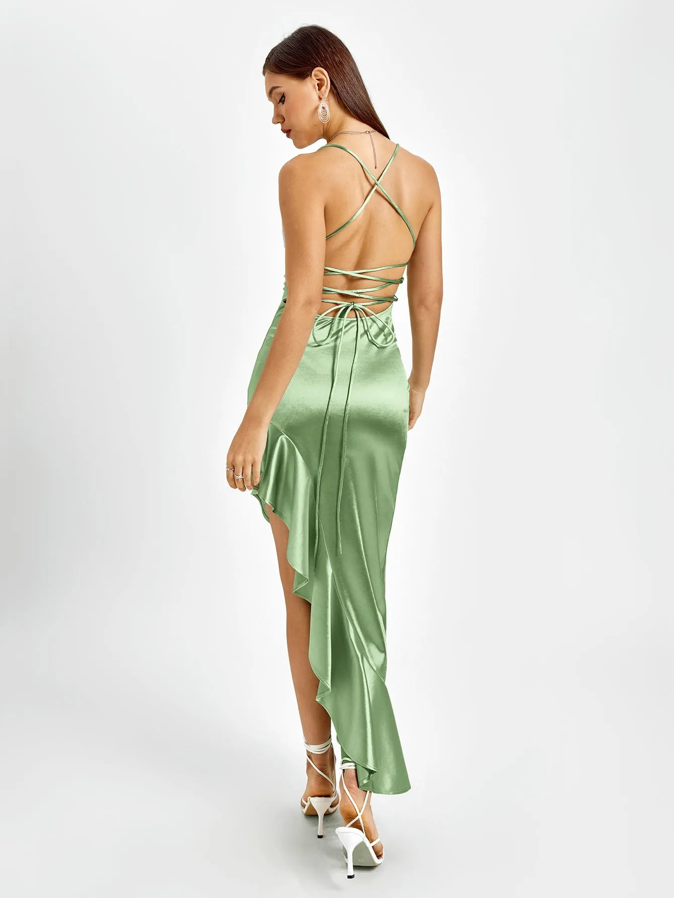 Crisscross Back Asymmetrical Hem Satin Dress