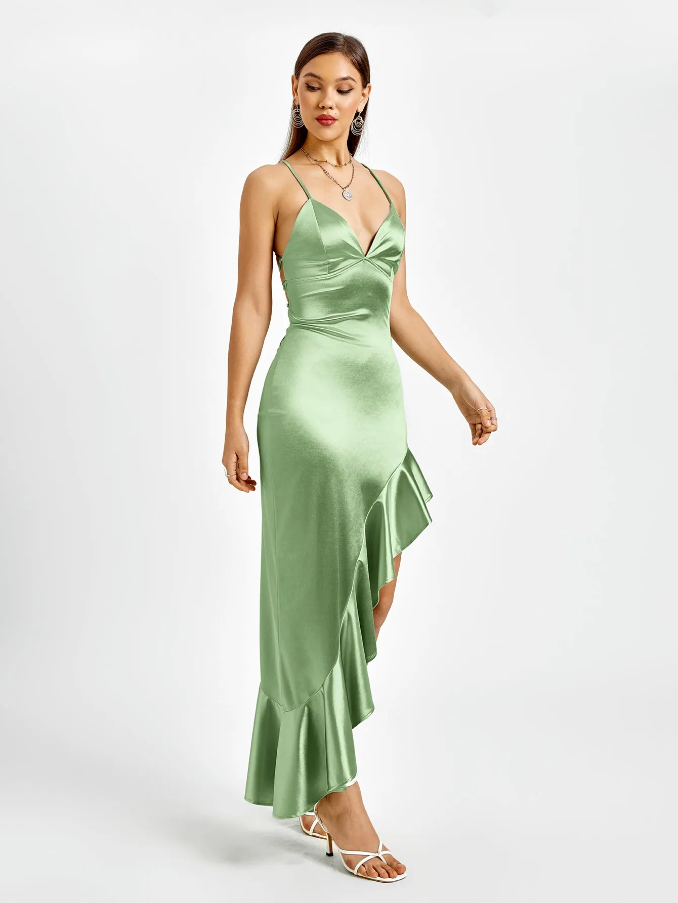 Crisscross Back Asymmetrical Hem Satin Dress