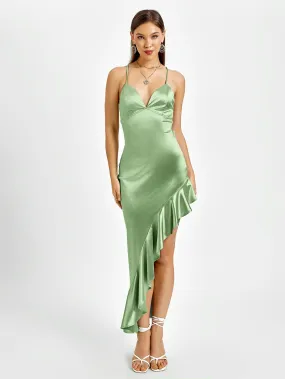Crisscross Back Asymmetrical Hem Satin Dress