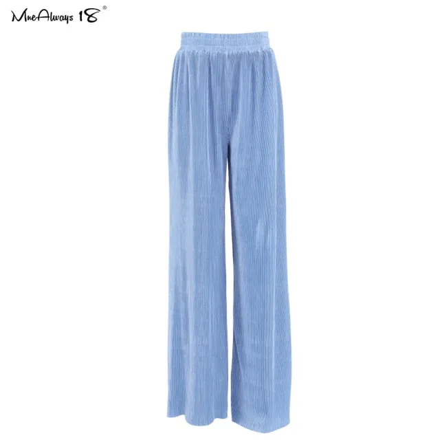 Elegant Elastic Waist Pleated Wide Leg Pants - Autumn Fashion Trousers Office Wear