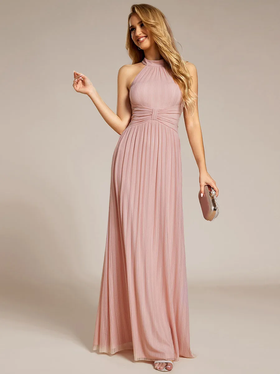 Glittery Halter Neck Pleated Formal  Evening Dress