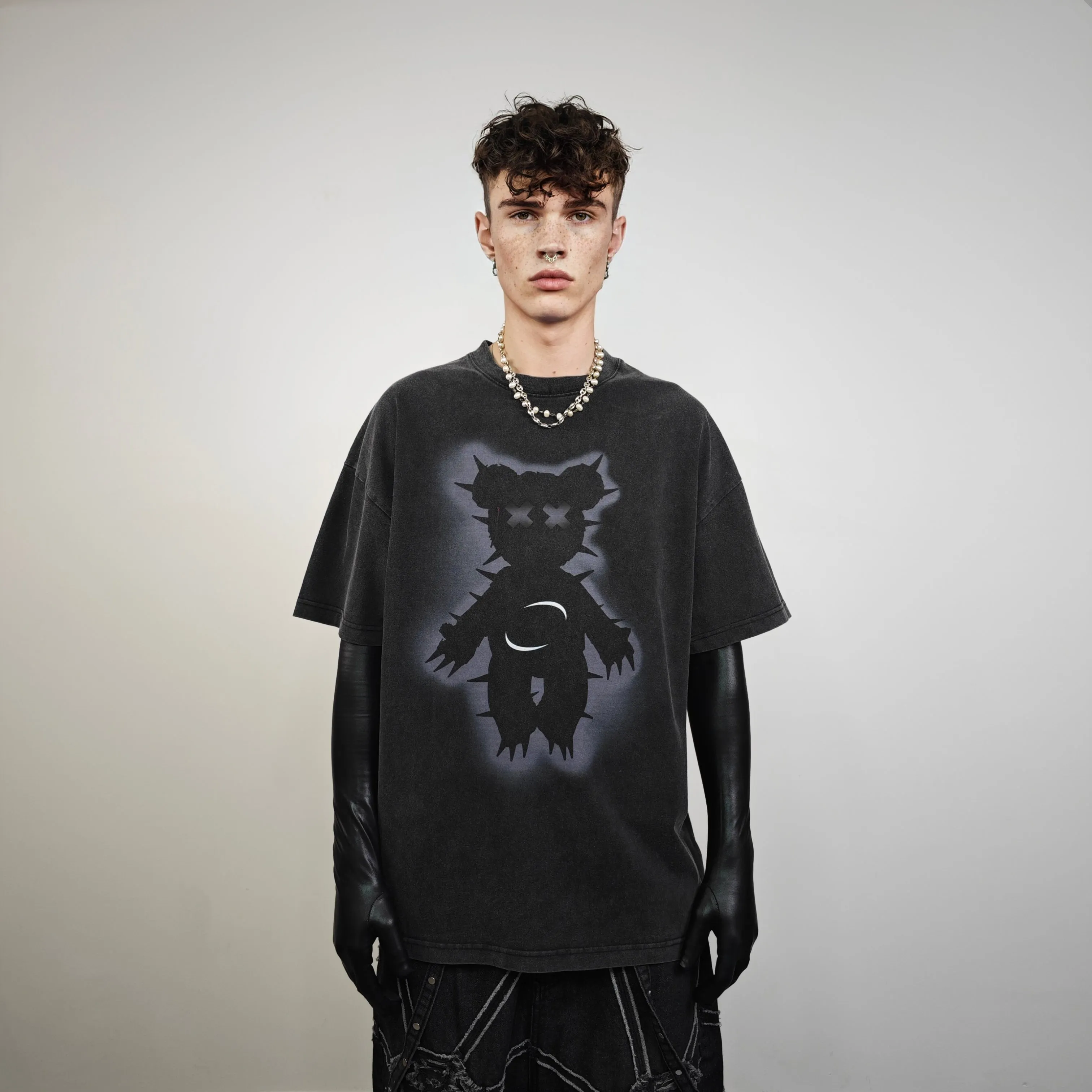 Goth bear t-shirt teddy print tee grunge punk top acid grey
