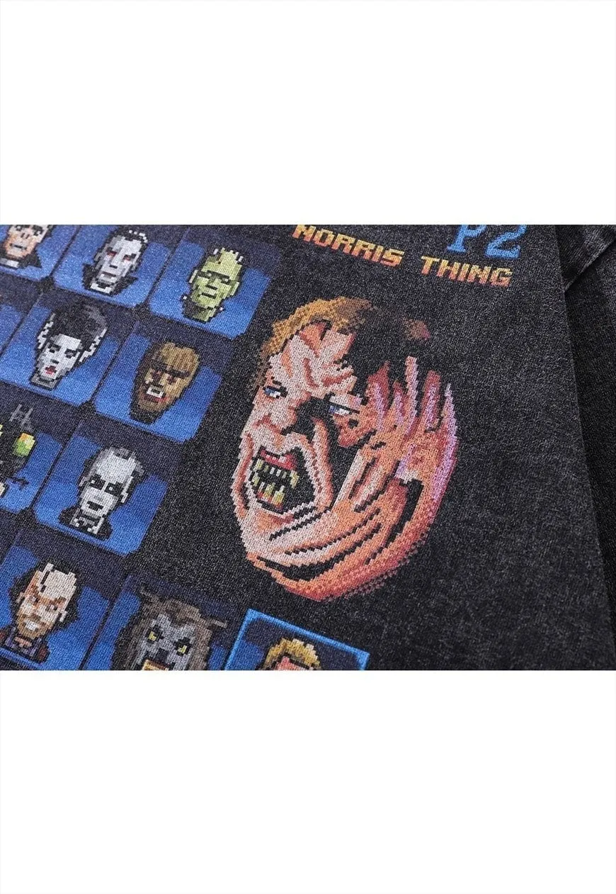 Horror movie print t-shirt vintage wash creepy long top grey