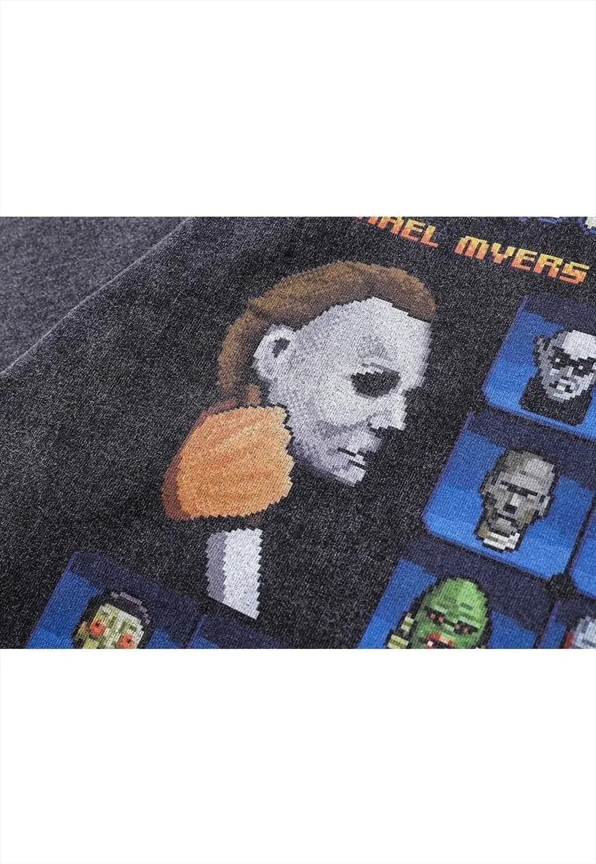 Horror movie print t-shirt vintage wash creepy long top grey