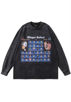 Horror movie print t-shirt vintage wash creepy long top grey