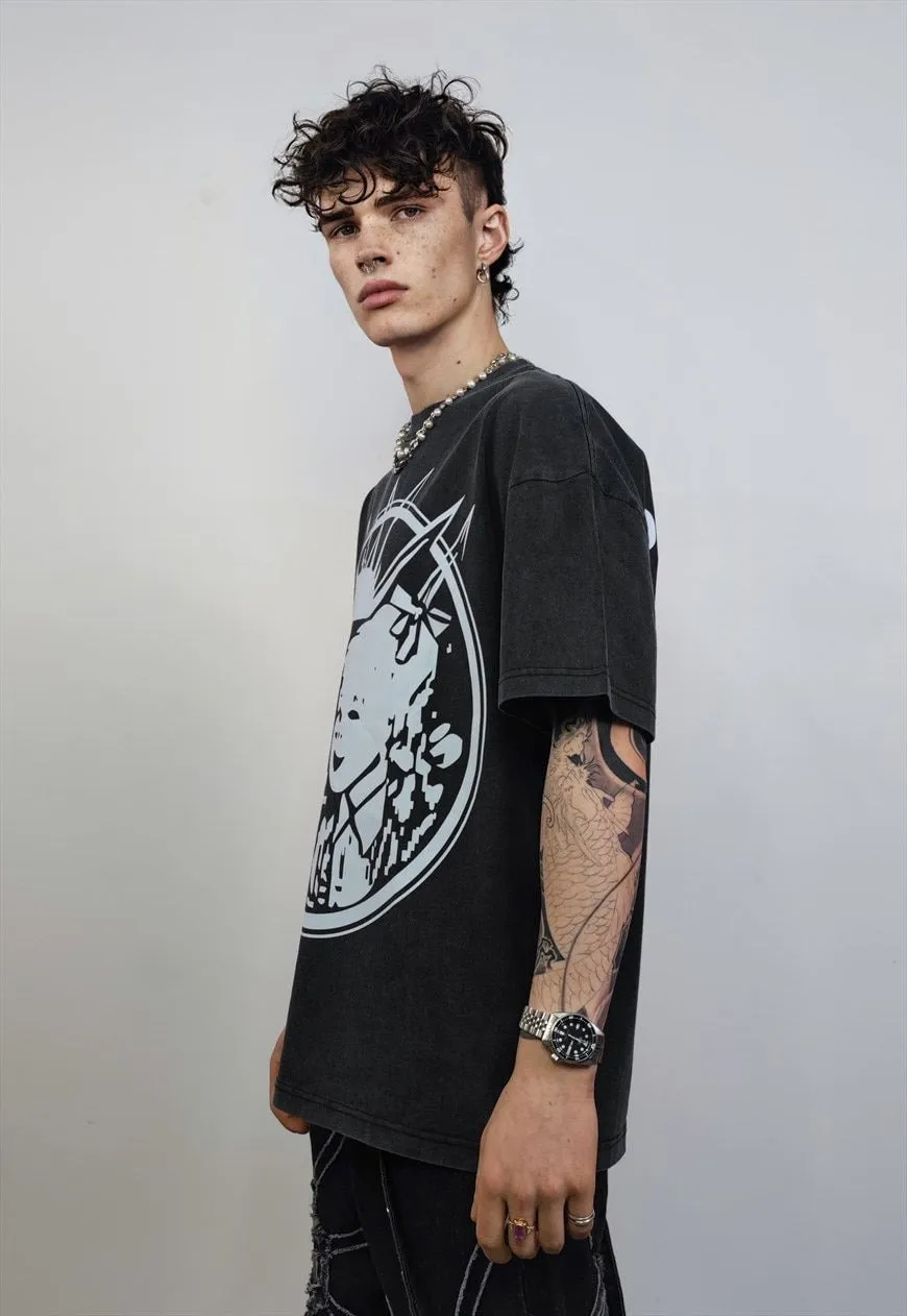 Punk kids tshirt vintage wash spiky hair tee grunge top grey