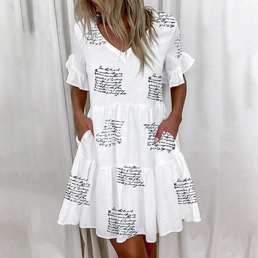 Women Ruffles Mini Dress Summer Fashion Elegant V-Neck Floral Print Patchwork Dresses Loose Pocket Casual Beach Party